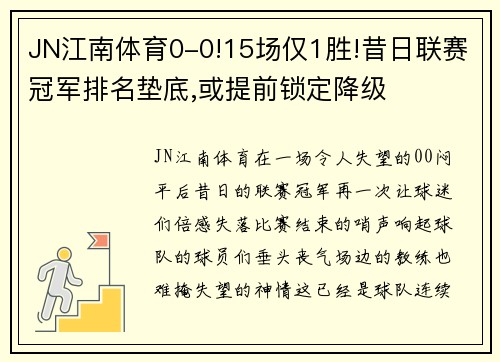 JN江南体育0-0!15场仅1胜!昔日联赛冠军排名垫底,或提前锁定降级