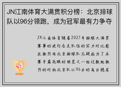JN江南体育大满贯积分榜：北京排球队以96分领跑，成为冠军最有力争夺者