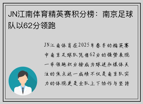 JN江南体育精英赛积分榜：南京足球队以62分领跑